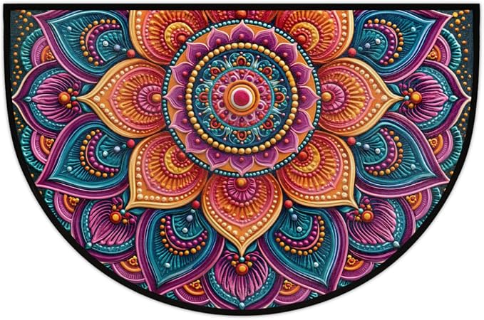 Flower Half Round Door Mat Semi Circle Rug Half Moon Doormat | Soft Washable Colorful Boho Welcome Entrance Mat for Outdoor Indoor Floor Bedroom Bathroom Home Kitchen Festival Decor