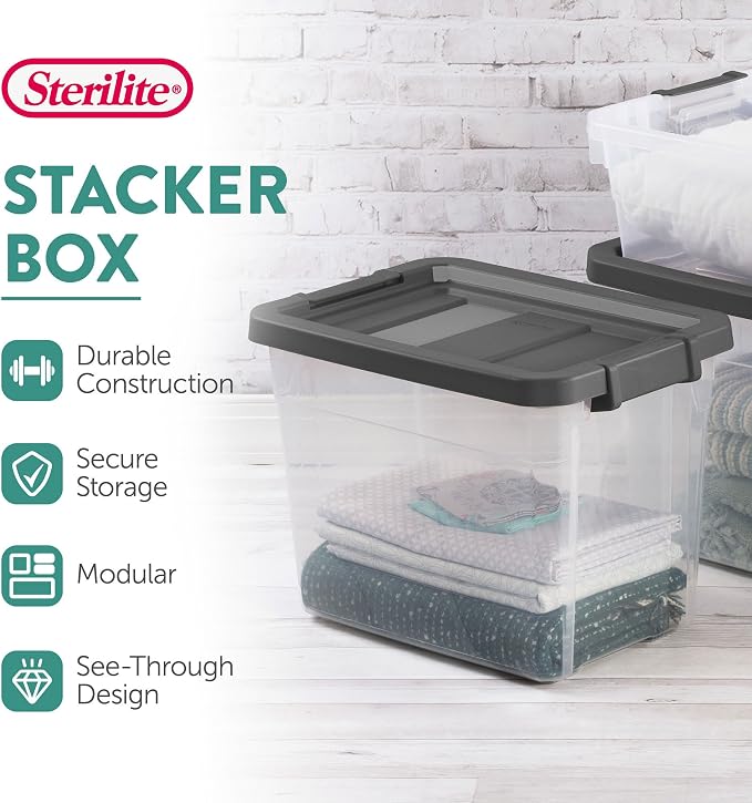 Sterilite Modular Stacker Box with Latching Lid, 30 Quart, 12-Pack | Clear Plastic Storage Bins - Stackable Organizing Container Boxes for Closet, Bathroom, and Office