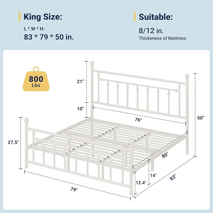 Allewie 14'' King Size Metal Platform Bed Frame, Vintage Headboard, White | 50'' Tall Victorian Headboard/Footboard/Mattress Foundation/Under Bed Storage/No Box Spring Needed/Easy Assembly/Noise Free