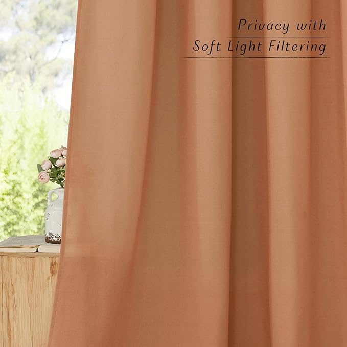 NICETOWN Burnt Orange Linen Doorway Curtains 80 inches Long, Grommet Thick Linen Weave Semi Sheer Window Treatments Privacy Assured with Light Filtering for Bedroom/Side Door, W34 x L80