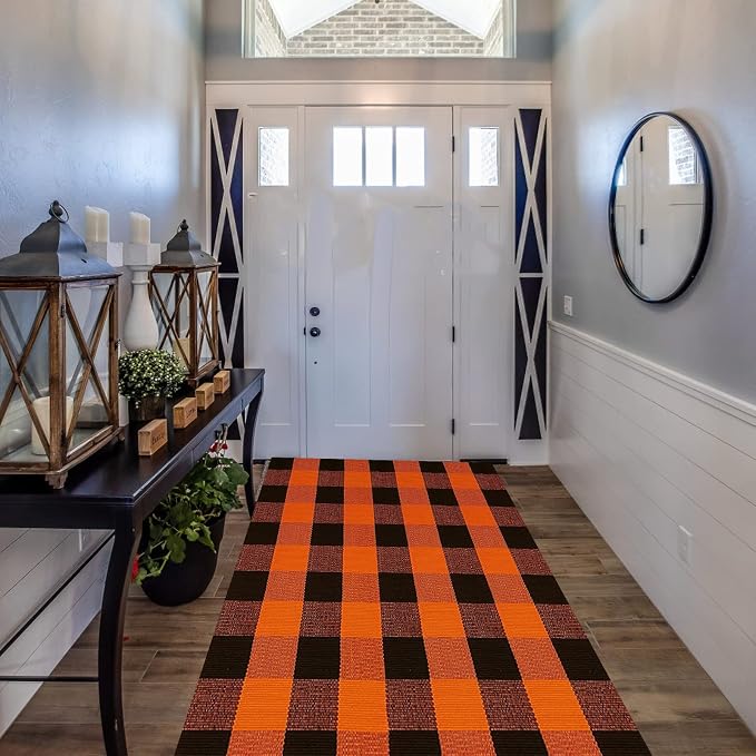 SEEKSEE Buffalo Plaid Outdoor Rug 3' x 5' Orange and Black Front Door Mat, Layering Rug for Porch, Halloween Doormat, Front Porch Rug for Outdoor Entrance Entryway Patio Porch Decor