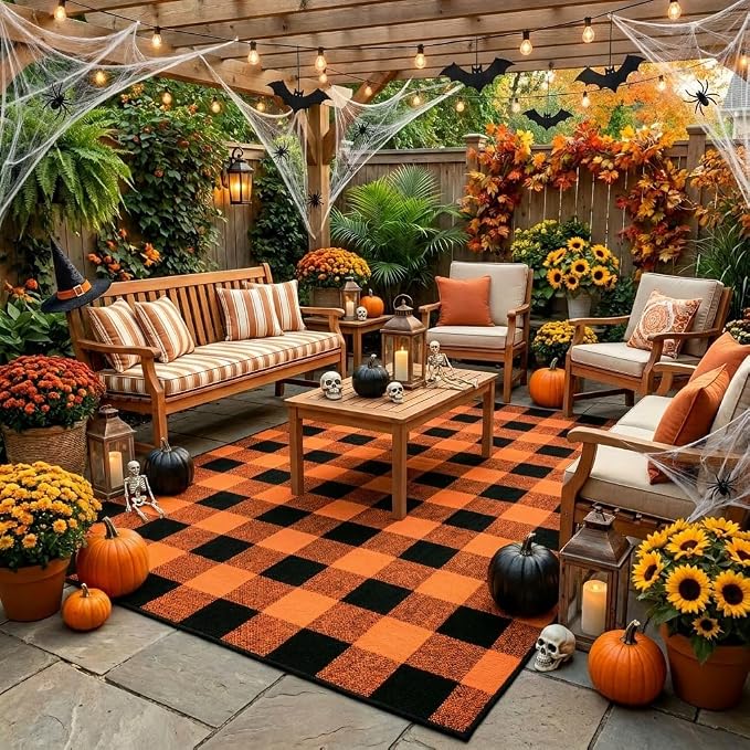 Buffalo Plaid Rug 4' x 6' Orange and Black Halloween Front Doomat Reversible Layered Porch Rug Washable Hand Woven Cotton Area Rug for Indoor Outdoor Living Dining Room Bedroom Kitchen Porch Decor