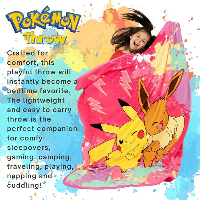Pokemon Anime Pikachu and Eevee Kids Bedding Super Soft Micro Raschel Throw, 46 in x 60 in, (Official Licensed Product) by Franco
