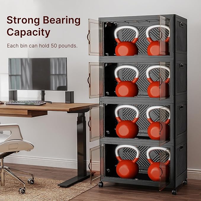 UAMFURI Stackable Storage Bins, 896QT Collapsible Drawers with 2 Lids | Large Capacity, Magnetic Door, Stack Lock, Rolling Wheels, Foldable Design, Organizers and Storage for Bedroom Dorm Garage