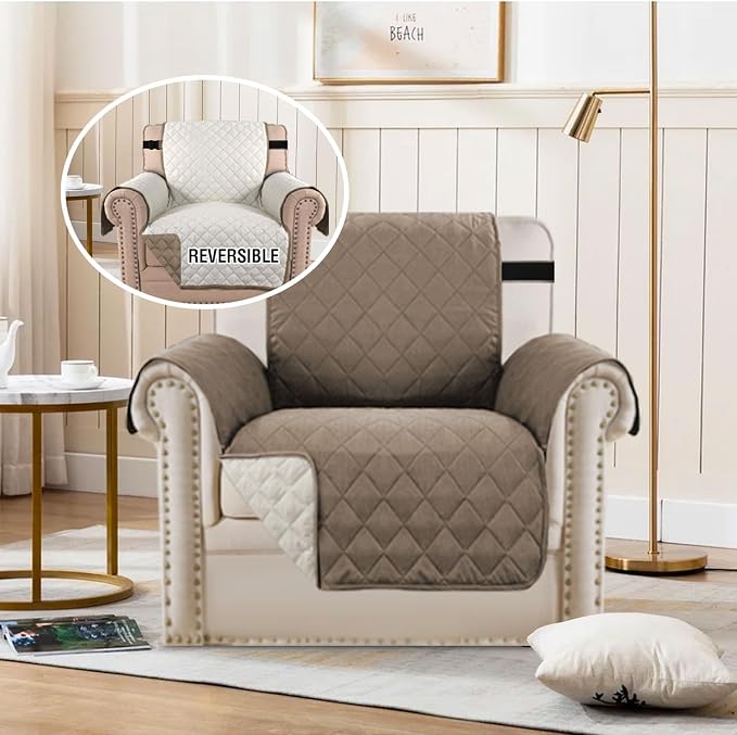 H.VERSAILTEX Water Repellent Chair Slipcover Reversible Stain and Dog Tear Resistant Slipcover Durable Furniture Protector with Elastic Strap Washable Chair Cover for Pet(Armchair, Taupe Brown/Beige)
