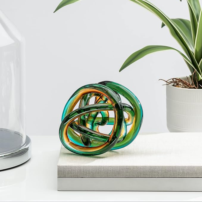 Torre & Tagus Orbit Hand Blown Glass Infinity Knot Sculpture - 4.5 Inch Glass Art Teal Amber Knot Decor Ball for Home Decor, Small Centerpiece Table Decoration for Home Interior (Ombre Ocean Sunset)