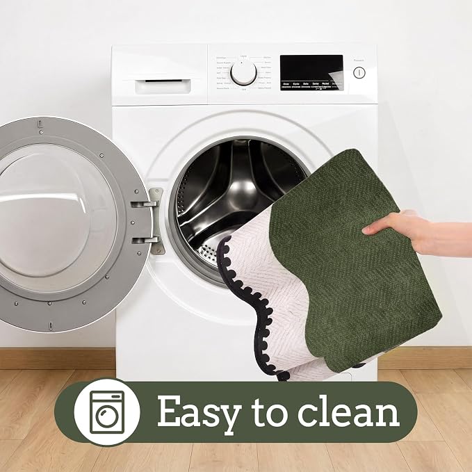 Breling Green Entryway Rug 2 x 3 ft Large Scalloped Welcome Mat Non Slip Washable Doormat Front Door Throw Rug for Farmhouse Indoor Kitchen Laundry Porch Bathroom Decor