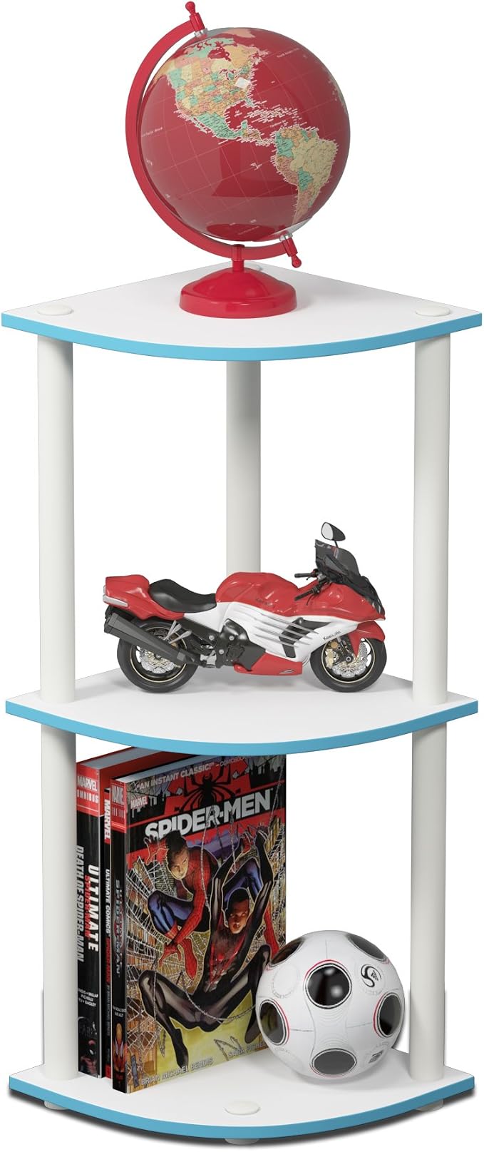 Furinno TURN-N-TUBE Corner Shelf, 3-Tier Corner Bookshelf, Display Storage Shelves with Open Shelves, for Organization and Storage, Living Room, Home Office, Garage, Light Blue