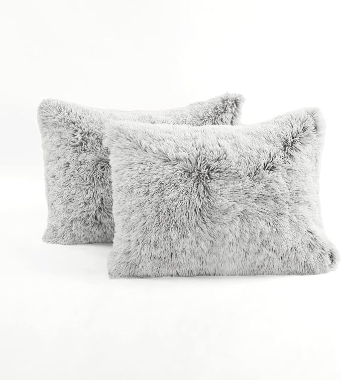 Lush Decor Emma Cozy Soft Fluffy Two Tone Faux Fur Comforter Set, King, Gray - College Dorm Shaggy Plush Warm 3 Piece Bedding Set