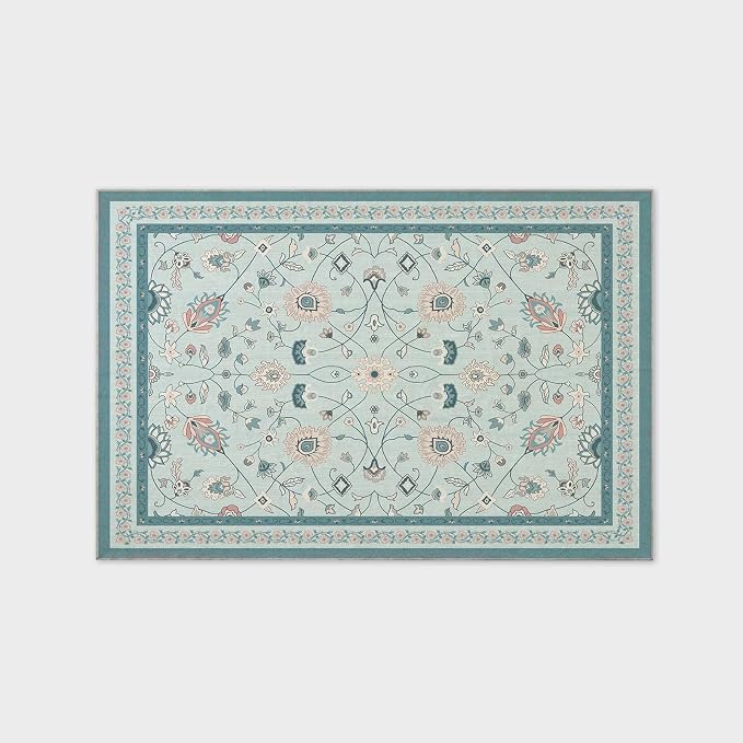 EVERGRACE Area Rugs for Living Room 6x9, Boho Floral Faux Wool Indoor Outdoor Rugs, Washable Rugs for Bedroom Dining Room Entryway Kitchen, Low Pile Floor Mat Carpet for Home Decor, Pale Blue