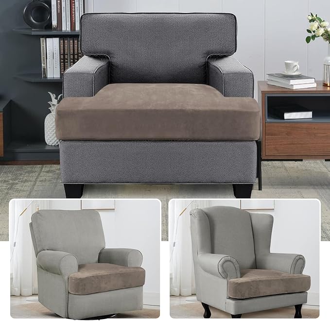H.VERSAILTEX Stretch Velvet T Cushion Chair Covers for Living Room Armchair Sofa Cover Couch Cover Slipcover T Cushion Seat Cover Stay with Elastic Bands(Armchair, Taupe)