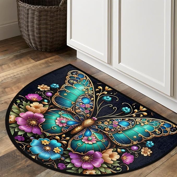 Pretty Butterfly Half Round Door Mat Semi Circle Rug Half Moon Doormat | Pretty Butterfly Soft Washable Welcome Entrance Mat for Outdoor Indoor Floor Bedroom Bathroom Home Kitchen Festival Decor