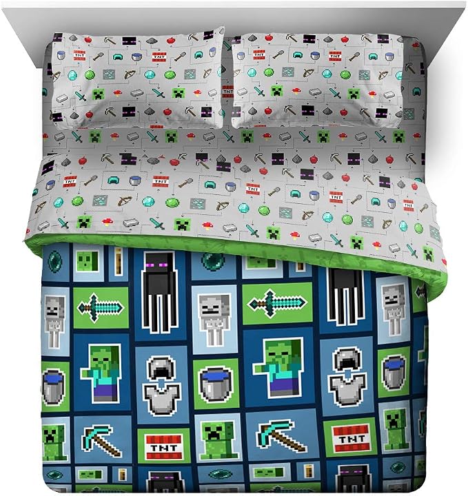 Minecraft Creeper Queen Comforter Set 5 Piece Kids Bedding for Boys, Multi | Zombie, Bed in a Bag, Comforter Sheets Pillowcases, Official Product, Soft Microfiber, Machine Washable, Boys Gift