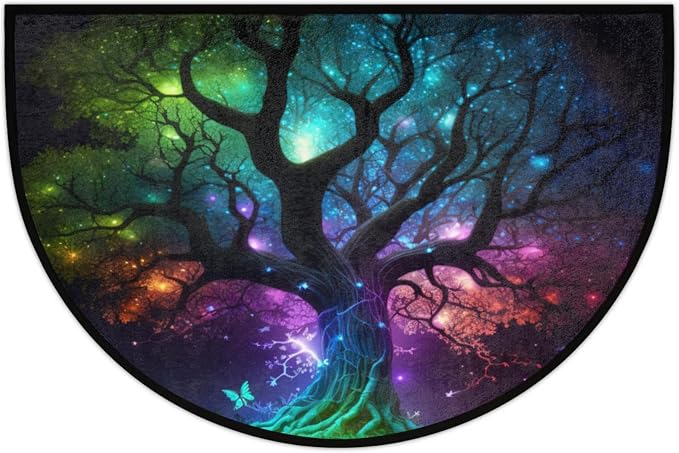 Half Round Doormat Tree of Life Butterfly Non Slip Half Circle Area Rugs Indoor Washable Half Moon Rug Semi Circle Bathroom Runner Mat Entrance Floor Carpet for Kithen Bedroom Fireplace Decor
