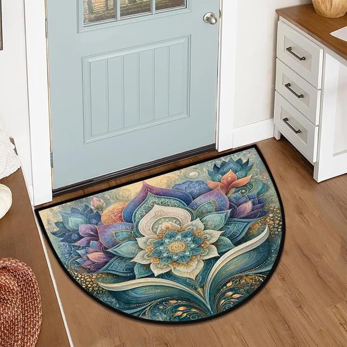 Flower Half Round Door Mat Semi Circle Rug Half Moon Doormat | Soft Washable Teal Elegant Welcome Entrance Mat for Outdoor Indoor Floor Bedroom Bathroom Home Kitchen Festival Decor