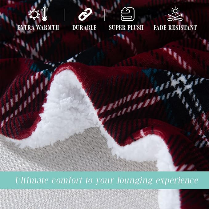 Elegant Comfort Throw Blanket, Reversible Sherpa Flannel, Ultra-Soft, Fuzzy, Cozy and Plush- All Season Lightweight Decorative Throw, 50 x 60 inches, Plaid Design Sherpa Throw, Burgundy