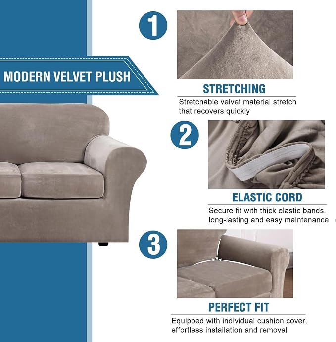 H.VERSAILTEX High Stretch Sofa Slipcover 4 Piece Cover Velvet Furniture Protector Form Fit Thick Velvet Extra Large Sofa Cover for 3 Cushion Couch Width Up to 97 Inch (Large Sofa, Taupe)