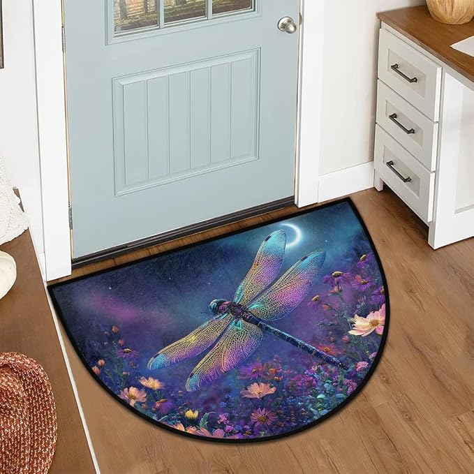 Dragonfly Half Round Door Mat Outdoor Doormat Bedroom Entrance Rug A14 | Dragonfly Flower Floral Semi Moon Door Mat Non-Slip Absorbent Kitchen Rug Indoor Welcome Bath Mat 36" X 24"