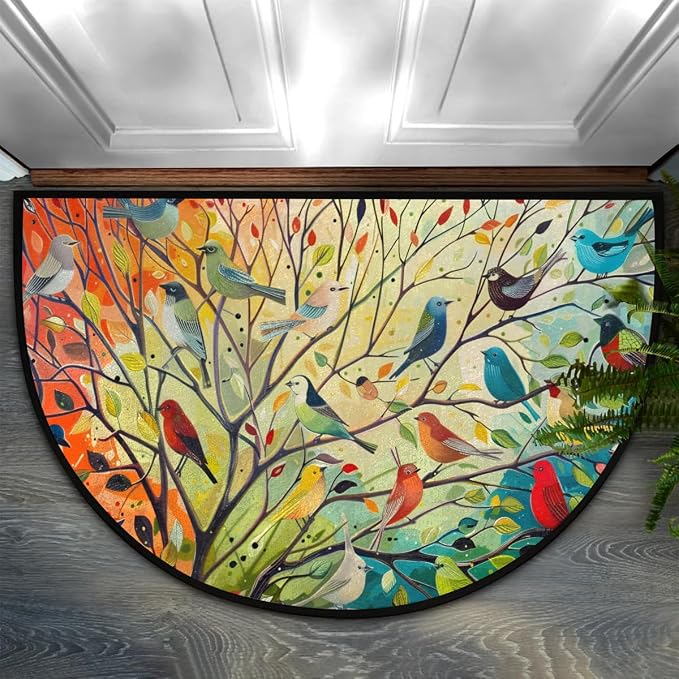 Whimsical Painting of Birds Half Round Door Mat Non-Slip Soft Doormats for Home Indoor Outdoor Entrance Bath Carpet Area Rugs for Home Dining Living Room Bedroom 36" X 24"