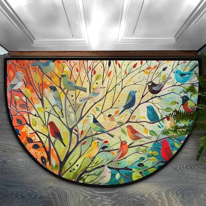Whimsical Painting of Birds Half Round Door Mat Non-Slip Soft Doormats for Home Indoor Outdoor Entrance Bath Carpet Area Rugs for Home Dining Living Room Bedroom 36" X 24"