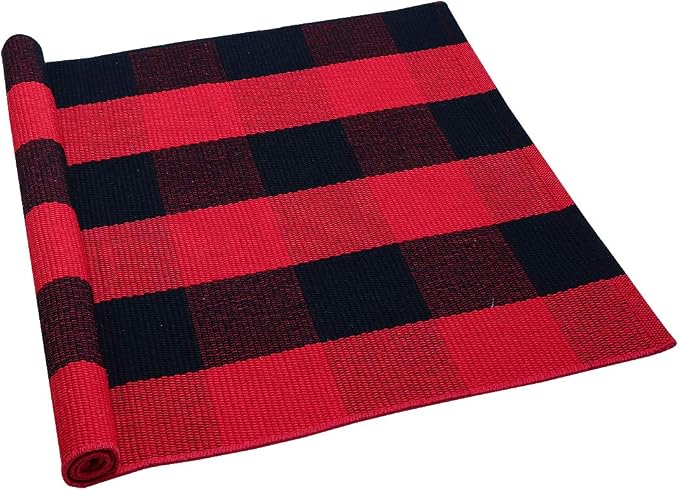 uxcell Buffalo Check Rug,Plaid Outdoor Rug,Layered Door Mat,Cotton Gingham Rugs,Floor Mat for Front Porch/Runner/Bedroom/Kitchen/Farmhouse 35"x24" Red & Black