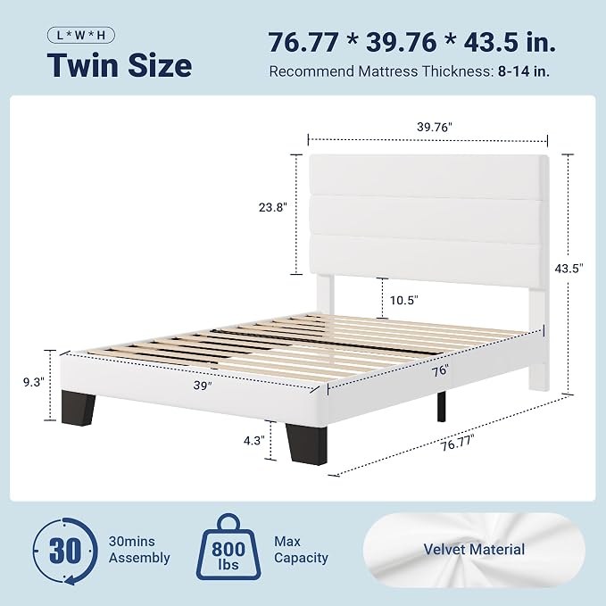 Allewie Twin Size Platform Bed Frame with Velvet Upholstered Headboard | Wooden Slats Support, Fully Upholstered Mattress Foundation, No Box Spring Needed, Easy Assembly, Noise-Free, White