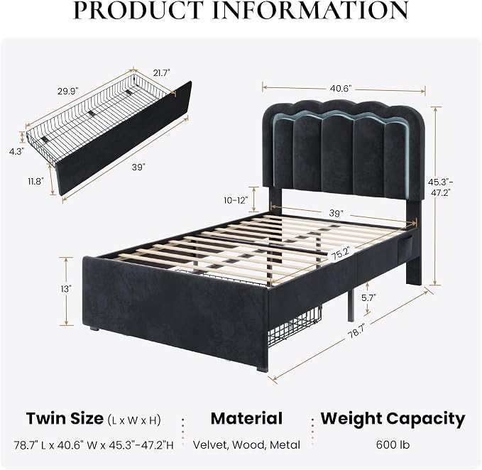 SHA CERLIN Twin Size Bed Frame with LED Lights and Storage Drawer, Black | Upholstered Velvet Platform Bed with Adjuatable Wavy Headboard, Noise-Free, Easy Assembly,No Box Spring Needed