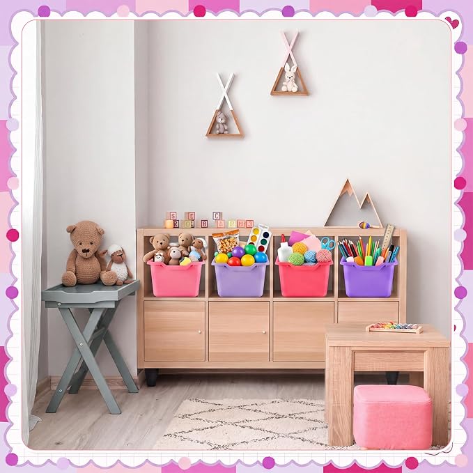 Dandat 32 Pcs Plastic Book Bins for Classroom Library Cubby Bins Scoop Front Stackable Toy Storage Tubs Containers for School Office Home Nursery Playroom Organization (Pink Series)