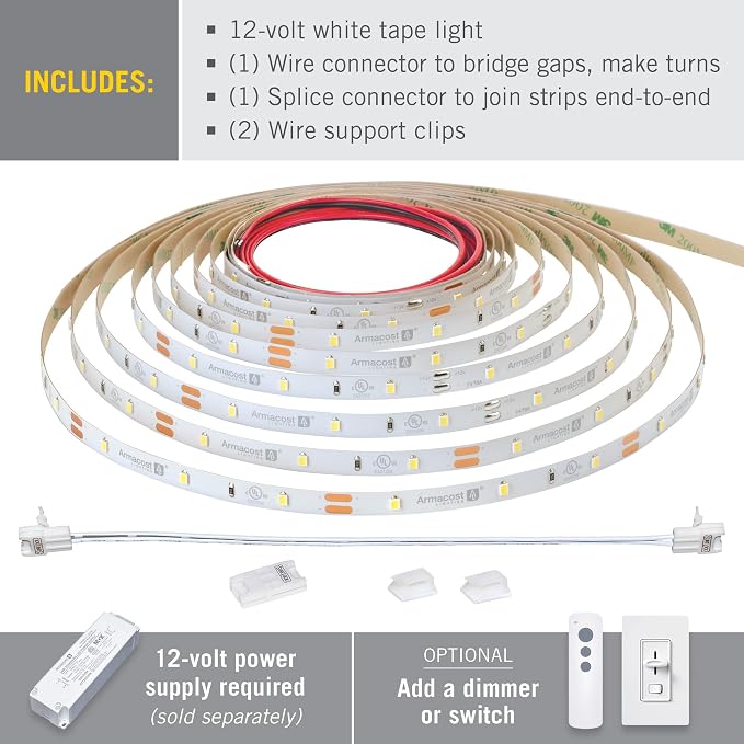 Armacost Lighting RibbonFlex Pro 12V White LED Strip Lights 30 LED/m, 3000K, 8.2 ft, 141210
