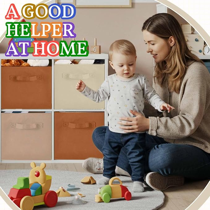 Yinder 12 Pcs Cube Storage Bin Brown 10.5''x10.5''x11'' Storage Bins for Kids Classroom Decor Colorful Bins Foldable Baskets for Playroom Nursery Organizer Fabric Boxes (Brown, Beige, Khaki )