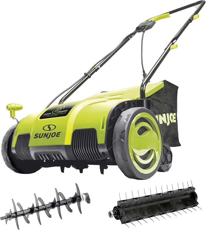 Sun Joe Corded Electric Lawn Dethatcher and Scarifier, 12-Amp, 12.6-Inch Cutting Width - Heavy-Duty Yard Trimmer and Mower Machine for Gardening Care and Maintenance, AJ798E