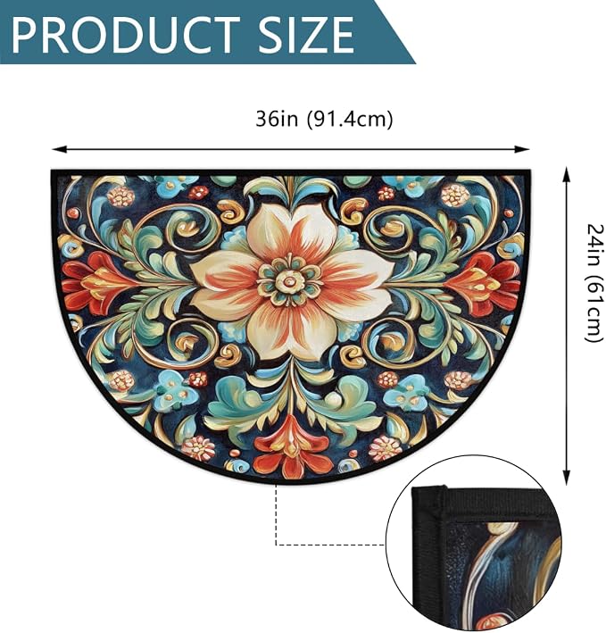 Hand Painted Flower Half Round Door Mat Non-Slip Semi Circle Rug Washable Half Moon Floor Rug Absorbent Bathroom Area Rugs for Outdoor Indoor Fireplace Mat Entryway Kitchen Decor Rugs