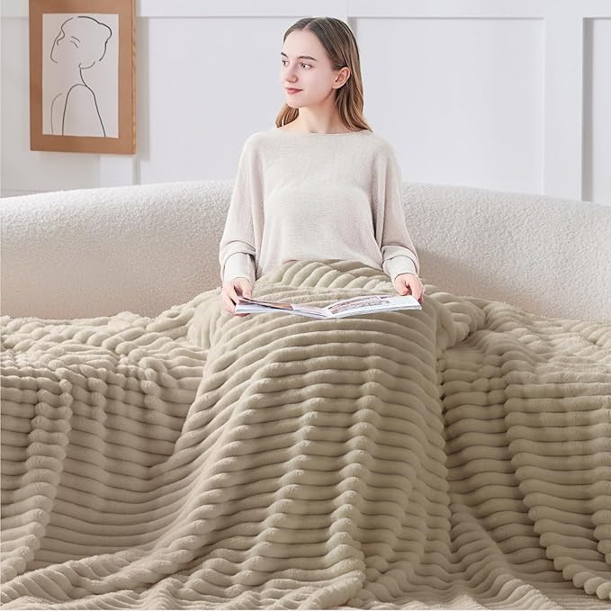 BEDELITE King Size Blanket for Bed, 300GSM Soft & Warm Fleece Blanket, Decorative and Giftable Striped Linen Blankets for Women, Men, 108"x90"