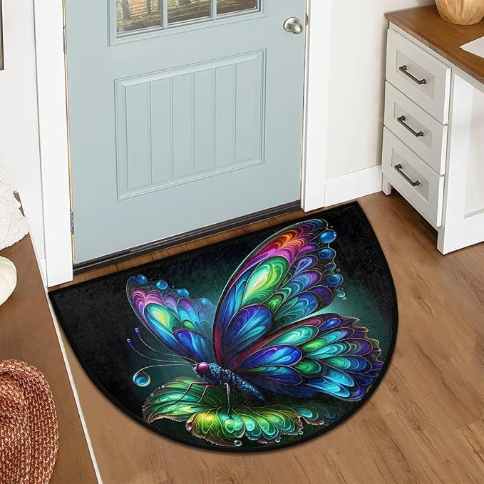 Art Butterfly Half Round Door Mat Semi Circle Rug Half Moon Doormat | Art Butterfly Green Soft Washable Welcome Entrance Mat for Outdoor Indoor Floor Bedroom Bathroom Home Kitchen Festival Decor