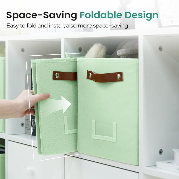 FinishingBo 10.5" x 11" Storage Bins with Labels 6 Pack | PU Leather Handles, Foldable Storage Cubes, Storage Baskets, Closet Storage, Green