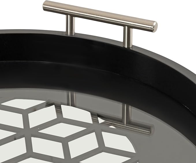 Kate and Laurel Caspen Cut Out Pattern Decorative Round Tray with Silver Metal Handles; 16 x 16; Black and Silver; Modern Glam Serving Tray with Handles for Living Room Decor