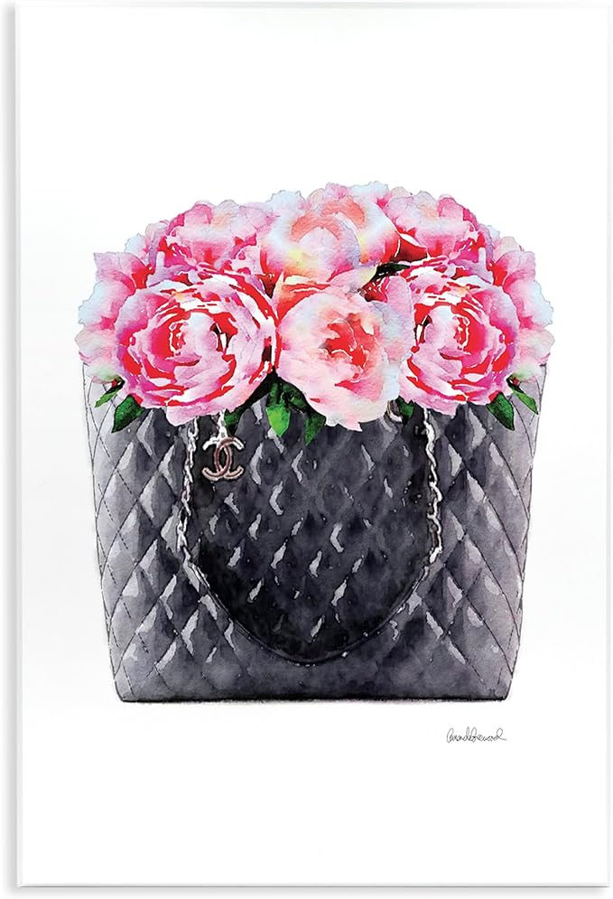 Pink Flower Purse Glam, 13 x 19 Inch Mounted Print on Wall Plaque | Stupell Industries · By Amanda Greenwood · Ready to hang · Chic gift for fashion and floral decor · Made in USA