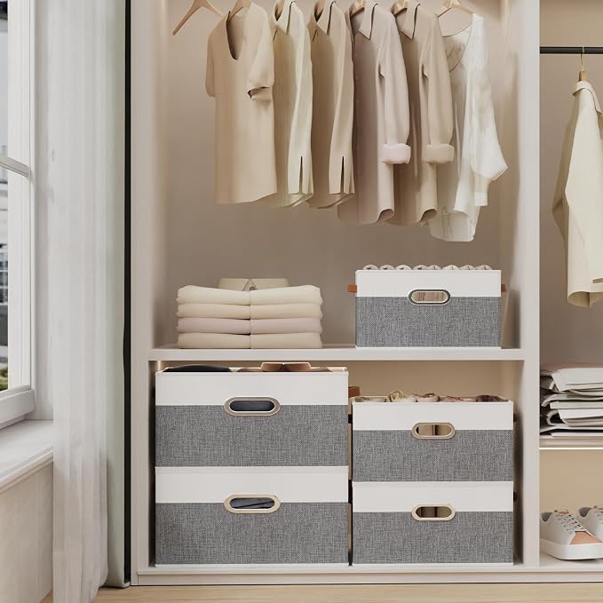 Yawinhe Collapsible Fabric Storage Bins,16.9x11.8x10.2in,White/Grey,4-Pack | Foldable Storage Baskets for Shelves, Closet Boxes for Organization, Washable Closet Organizer for Towels, Canvas Bins