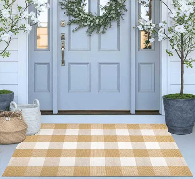 Khaki and White Layered Doormat 27.5''X 43.3''Checkered Farmhouse Porch Rug Cotton Woven Washable Front Door Mat Outdoor for Welcome Door Mat Entryway Bedroom Living Room