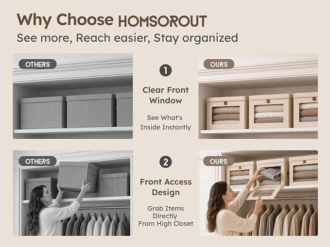 Homsorout Large Closet Storage Organizer - Clothes Storage Bins with Handles & Window, Collapsible Decorative Boxes with Lids, Fabric Containers for Living Room, Dorm, 2 Pack, Beige