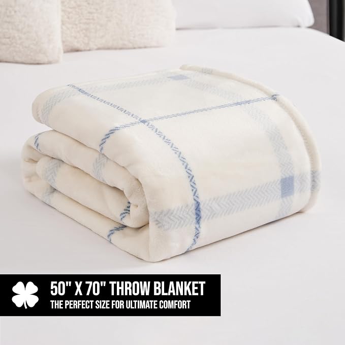 Lucky Brand Palmdale White with Light Blue Plaid 50"x70" Cozy Plush Blanket - Premium Microfiber Throw for Luxurious Comfort