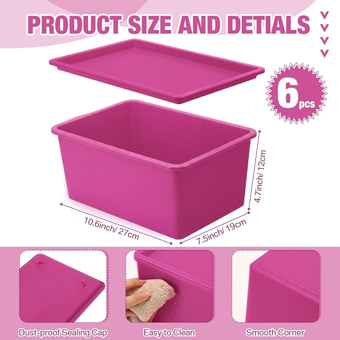 Menkxi 6 Pcs Storage Bins with Lids Small Plastic Storage Containers Stackable Storing Baskets Box Cute Organizer Bins for Organizing Shelves (Pink Series)