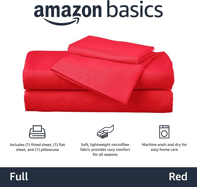 Amazon Basics Kid's Soft, Breathable, Easy-Wash Microfiber 4-Piece Sheet Set, Full, Red, Solid