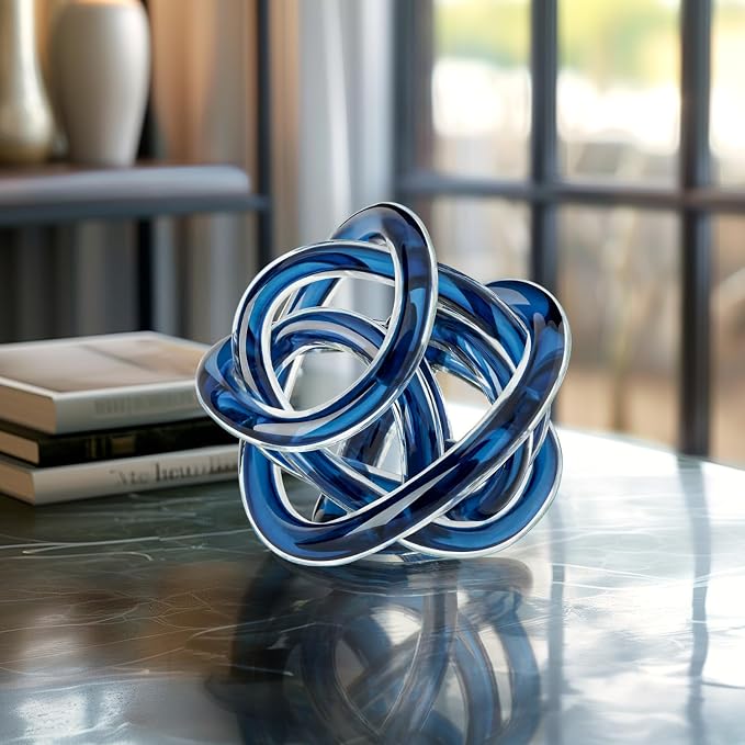Torre & Tagus Orbit Hand Blown Glass Infinity Knot Sculpture - 4.5 Inch Glass Art Blue Knot Decor Ball for Home Decor, Small Centerpiece Table Decoration for Home Interior (Indigo Blue)