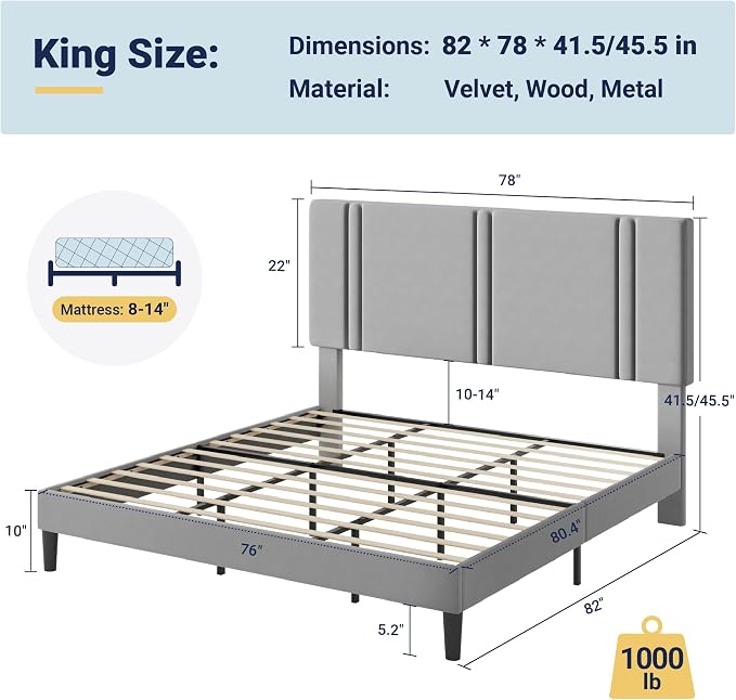 Allewie King Size Platform Bed Frame with Adjustable Headboard | Plush Velvet Upholstered, Vertical Channel Tufted, Sturdy Wood Slats, No Box Spring Needed, Easy Assembly, Grey