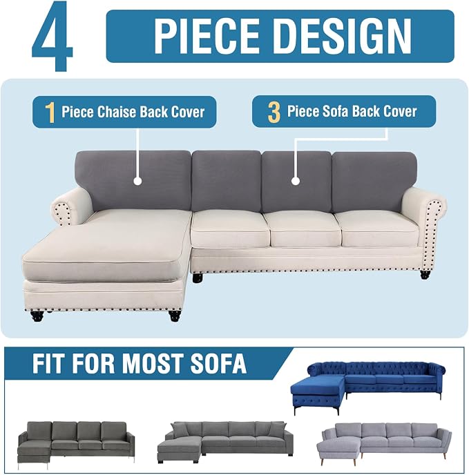 H.VERSAILTEX Backrest Cushion Covers Sectional Couch Back Cushion Covers for Sectional Sofa Set for Both Left/Right Couch (Back Only: 1 Chaise + 3 Sofa, Charcoal Grey)