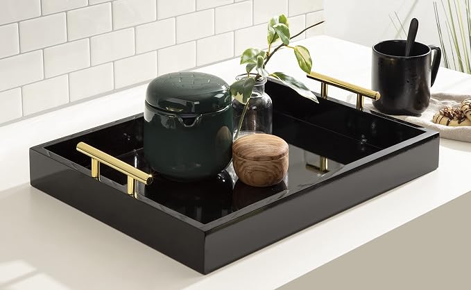 Kate and Laurel Lipton Decorative Modern Rectangular Tray, 16.5 x 12.25, Black and Gold, Chic Serving Tray for Storage, Organization, and Display