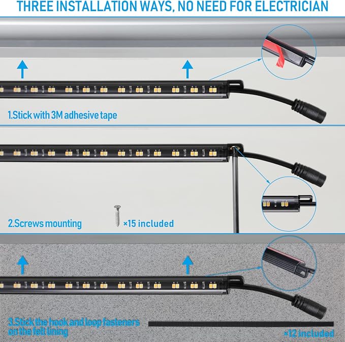 TORCHSTAR 6pcs 12 Inch LED Safe Lighting Kit, Motion Sensor, 3CCT | UL Power Adapter, Input 100-240V, Linkable Gun Safe Light Bars, 900LM, for Under Cabinet Locker Closet, 3000K/4000K/5000K
