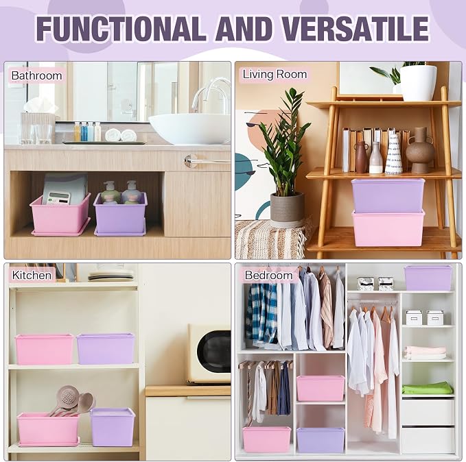 Menkxi 6 Pcs Storage Bins with Lids Small Plastic Storage Containers Stackable Storing Baskets Box Cute Organizer Bins for Organizing Shelves (Pink,Purple,Orange)
