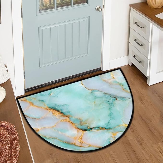Jade Marble Half Round Door Mat Non-Slip Semi Circle Rug Washable Half Moon Floor Rug Absorbent Bathroom Area Rugs for Outdoor Indoor Fireplace Mat Entryway Kitchen Decor Rugs